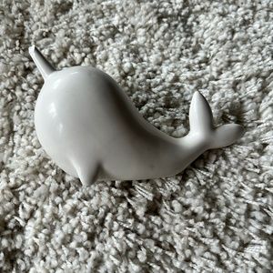 Ceramic white shiny narwhal whale ocean life cute decorative home statue.